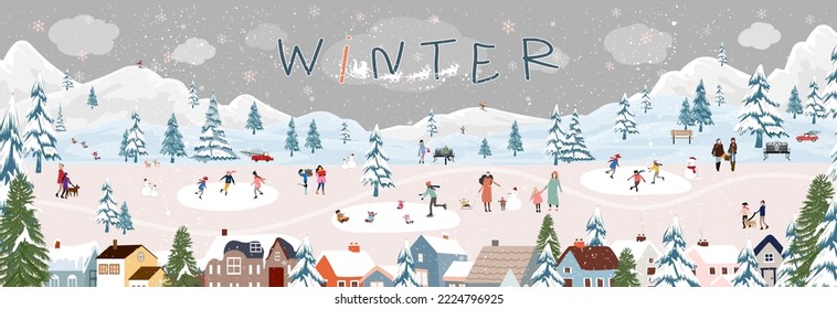 Winter scene in village with people having fun doing outdoor activity on New Year Eve,Cute Vector Christmas background with people celebration in small town,kid playing ice skates, skiing on mountain 