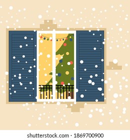 Escena invernal de ventana con árbol de Navidad, habitación acogedora festivamente decorada afuera. Interior navideño a través de ventana, estilo vectorial plano. Año nuevo