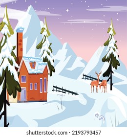 winter scenery background snow mountain cottage reindeers sketch