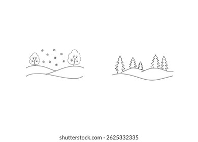 Winter Scenery With Bare Trees And Snowflakes And Evergreen Trees Landscape Outline