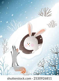 Winter scenery with bunny rabbit in burrow house covered with snow and a squirrel. Cute animals fairy tale story in winter forest. Christmas greeting card for children. Vector illustration for kids.