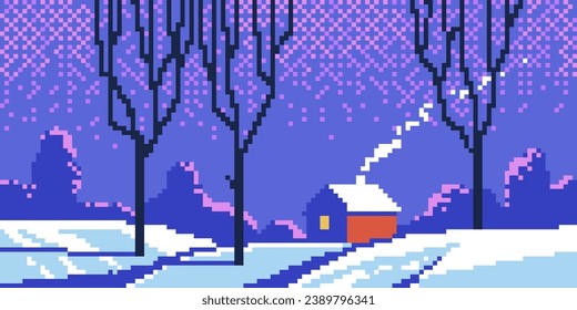 Winter scenery with cabin. Pixel art cartoon landscape with snowy frozen mountains, trees, cozy tiny house in frost forest. Vector background