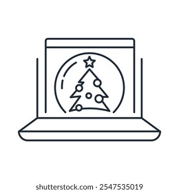  Winter scenery and Christmas tree Inside  the laptop screen. New Year action festival in online communities.Vector linear illustration isolated on white background.