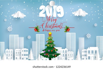 winter scenery in the city. Merry Christmas. paper art design