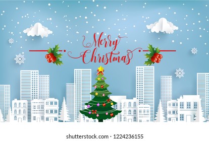 winter scenery in the city. Merry Christmas. paper art design