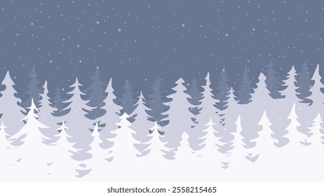 winter scenery with coniferous forest silhouette and snowdrop on dark blue background