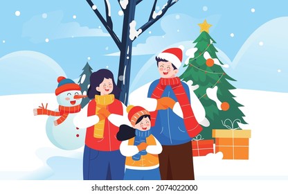 Winter scenery figure illustration Christmas family outdoor activity Poster