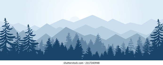 winter scenery, forest and mountains dawn or sunset in the mountains