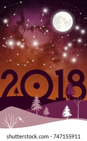 Winter scenery with galaxy and full moon on the sky. Happy 2018 New Year Christmas Card in magenta shades featuring fir trees, snow, cosmos and stars.