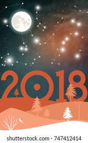 Winter scenery with galaxy and full moon on the starry sky. Happy 2018 New Year Christmas Card in magenta shades featuring fir trees, snow, cosmos and stars.
