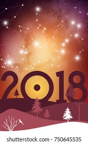Winter scenery with galaxy and full moon on the starry sky. Happy 2018 New Year Christmas Card in magenta shades featuring fir trees, snow, cosmos and stars.