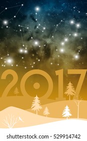 Winter scenery with galaxy on the sky. Happy 2017 New Year Christmas Card featuring fir trees, snow, cosmos and stars.