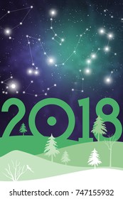 Winter scenery with galaxy on the sky. Happy 2018 New Year Christmas Card featuring fir trees, snow, cosmos and stars.
