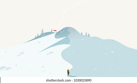 Winter scenery landscape, man climbing snow mountain to small house in the peak