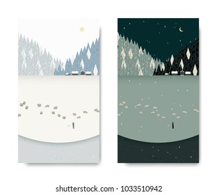 Winter scenery landscape, man tending his sheep below small village and pine forest, day and night time lapse, postcard template