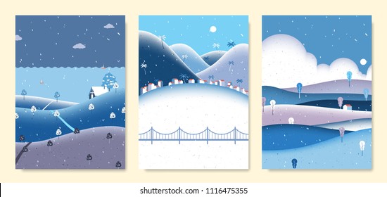 Winter scenery landscape, small house on the hill with sea, seaside small village with mountains and small house on the hill with clouds