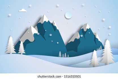 Winter scenery  landscape with snowy mountains, pines trees and hills in paper cut craft style design, vector illustration 
