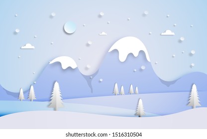Winter scenery  landscape with snowy mountains, pines trees and hills in paper cut craft style design, vector illustration 
