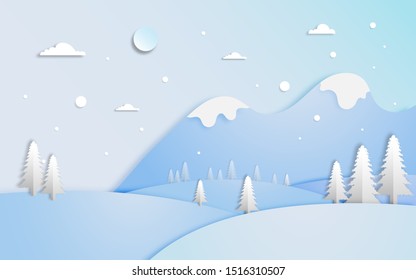 Winter scenery  landscape with snowy mountains, pines trees and hills in paper cut craft style design, vector illustration 
