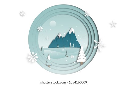 Winter scenery  landscape with snowy mountains, pines trees and hills in paper cut craft style design, vector illustration for winter sale banner, winter holiday banner, winter travel poster.
