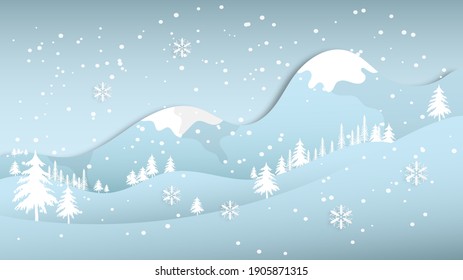 Winter scenery  landscape with snowy mountains, pines trees and hills in paper cut craft style design, vector illustration 
