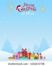Winter scenery with a large pile of gifts on the snow. Christmas card. Christmas background for congratulations. Flat vector cartoon style.