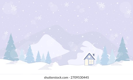 Winter Scenery Of Mountains And Pine Forests Decorated With Falling Sparkling Snowflakes