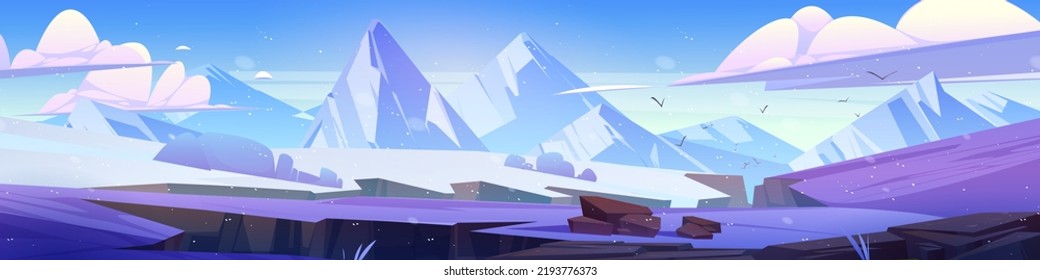 Winter scenery with mountains, snow and land cracks. Nature landscape of white fields with chasms, rocks on horizon, snowfall and flying birds, vector cartoon illustration