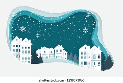 winter scenery on christmas day. paper art design