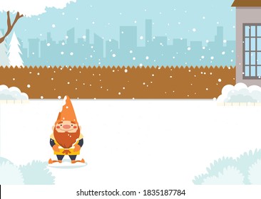 Winter scenery semi flat vector illustration set. House backyard with gnome smile at the front