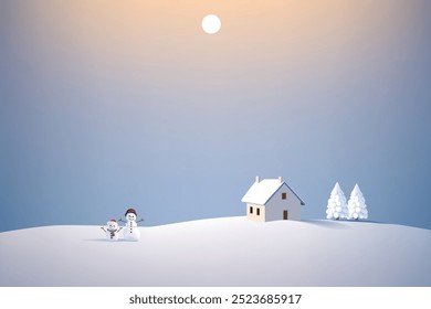 Winter scenery with a small house and two cute cheerful snowmen on a full moon night. Christmas or New year greeting card. Vector illustration