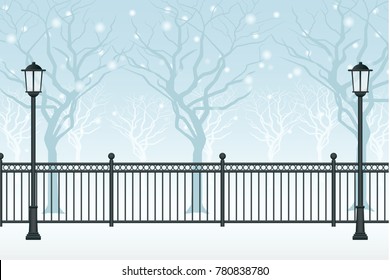 Winter scenery. Snow drifts in park, street lamp and fence graphic vector