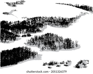 Winter scenery, snow-capped mountains, lush trees, high-altitude aerial photography angles present a sense of nature, peace, holiness, and tranquility, black, white and grey, vector, separate layers. 