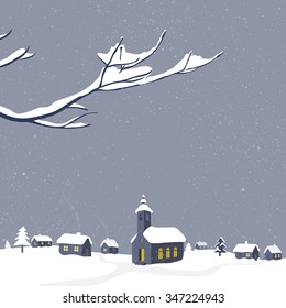 Winter scenery with snow-covered village and branch in the front. Christmas greeting card vector illustration.