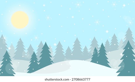Winter Scenery With Sparkling Snowflakes And Pine Forest With Clear Blue Sky Background