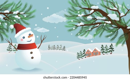 Winter scenery, there are snowman and pine trees and small houses