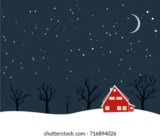 Winter scenery with tiny red house naked trees and moon. Christmas card design