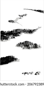 Winter scenery vertical, snow-capped mountains, lush trees, high-altitude aerial photography angles present a sense of nature, peace, holiness, and tranquility, black, white and grey, isolated vector.