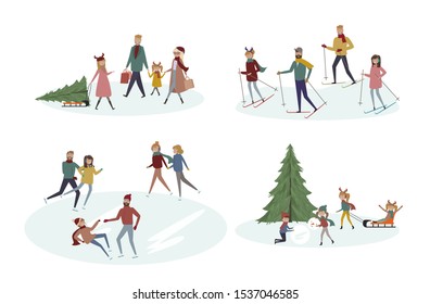 Winter scenes with people of different ages on the street. People ski and skate, sculpt a snowman and walk.