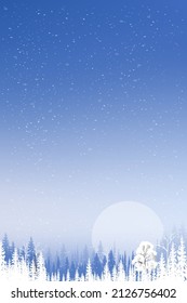 Winter scenic landscape forest pine tree,Magical Night Winter wonderland with full Moon and Snow falling from blue sky,Vector vertical beautiful Natural for Christmas, New Year holiday background