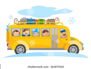 Winter School Bus School Trip Cartoon.
Cartoon Of Yellow School Bus Traveling On A Winter School Trip. Vector Available.
