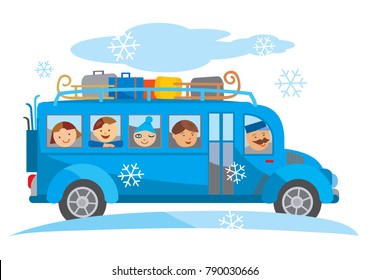 Winter School Trip Bus Cartoon.
Cartoon Of Blue School Bus Traveling On A Winter School Trip. Vector Available.