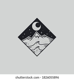 winter, sea, and mountain landscape mono line style vector illustration.