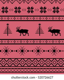 Winter seamless art knitted red embroidery pattern with deers pink and black vector