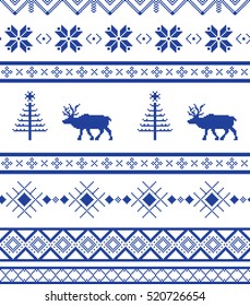 Winter seamless art knitted red embroidery pattern with deers white and blue vector