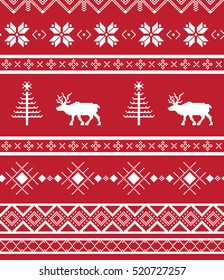 Winter seamless art knitted red embroidery pattern with deers red and white vector