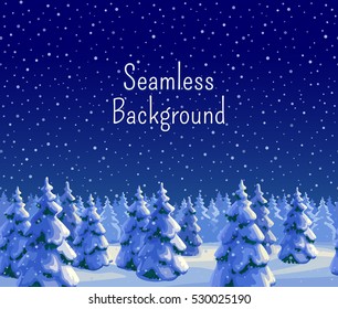 Winter seamless background with fir forest. Greeting card template. New year and Xmas Holidays design. Vector illustration.
