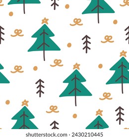 Fondo inconsútil del invierno con los abetos. Patrón de vector dibujado a mano. Papel de regalo de Navidad.