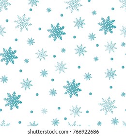 Winter seamless background with flat white snowflakes on a blue 