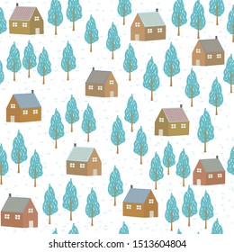
Winter seamless background, houses and trees